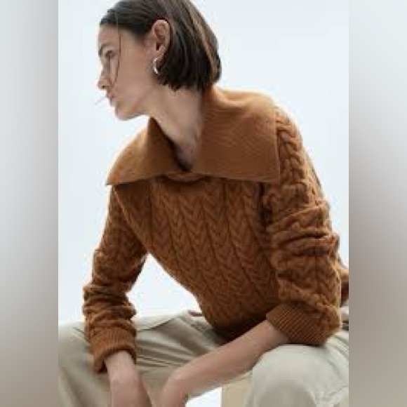 MANGO medium Women's Lapel Collar Braided Sweater MNG caramel brown - Picture 2 of 10